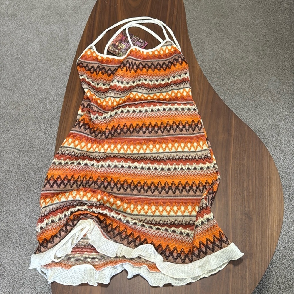 Boho adjustable Orange and Cream Patterned Dress